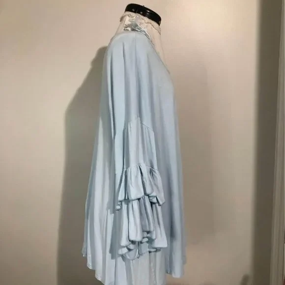 3X R Rouge Boutique Long Ruffled Sleeves Light Blue Blouse Key Hole Front C5155 - Picture 4 of 6